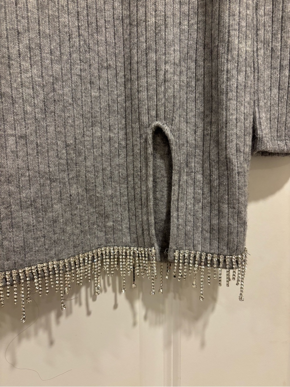 Zara Gray Ribbed Mini Dress with Hem Rhinestone Fringe - Picture 2 of 3
